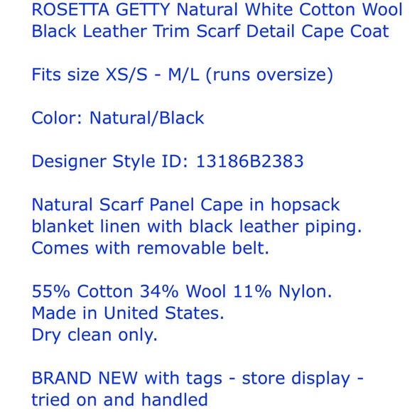ROSETTA GETTY Cotton Wool Leather Scarf Cape Topper Coat Jacket S,M,L - Picture 13 of 13